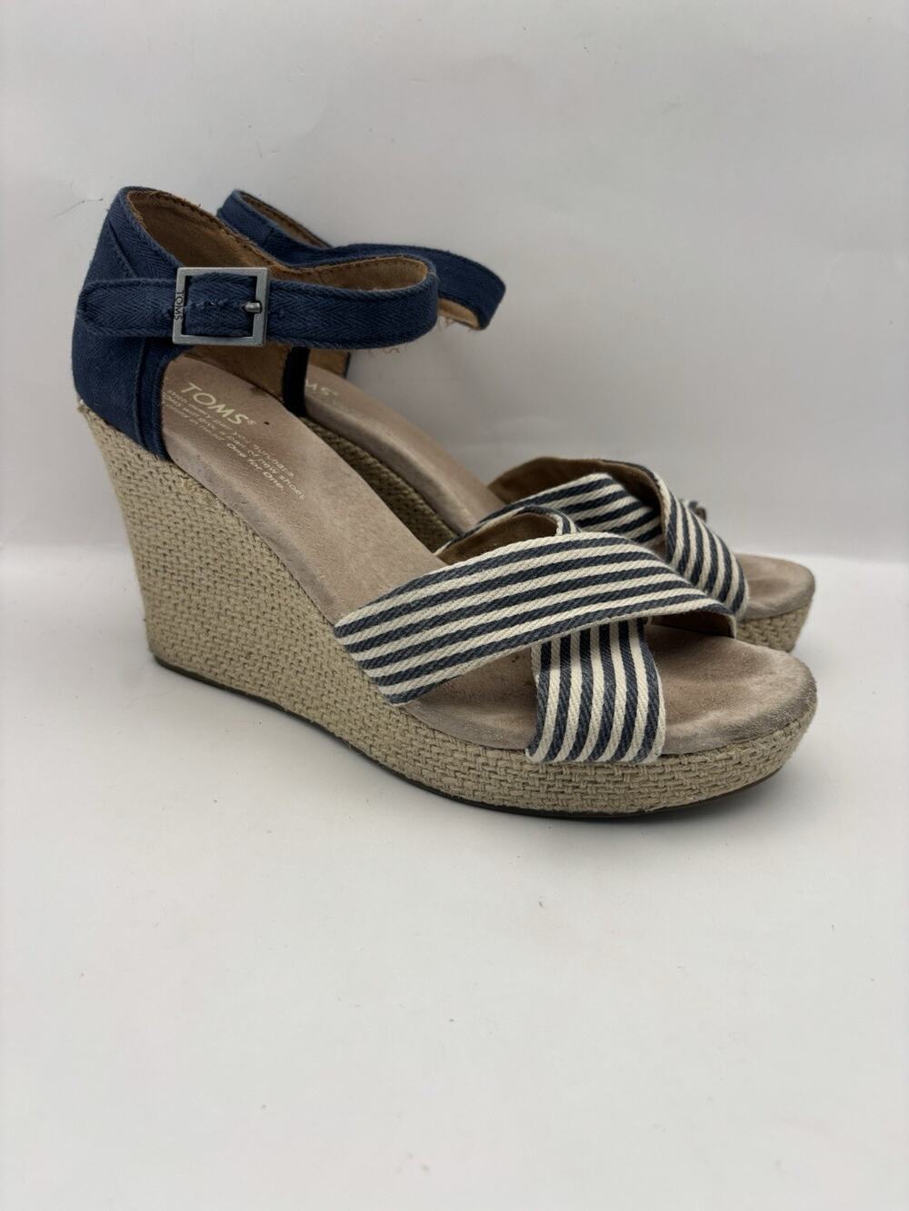 Toms Sienna Blue And White Wedge Sandals Women Size 7.5